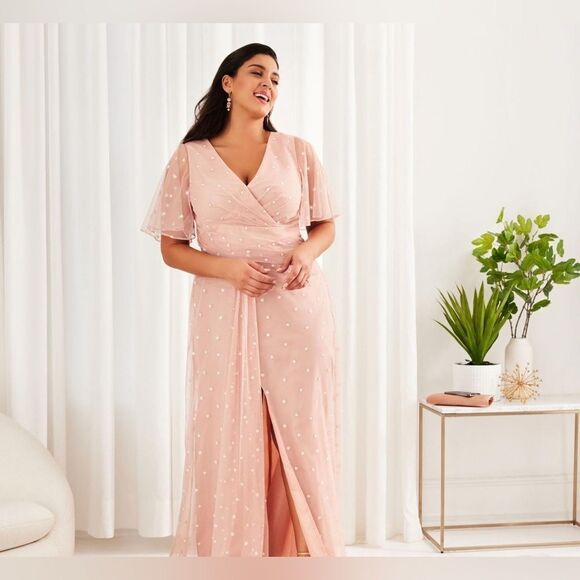 NWT Adrianna Papell Metallic Clip Dot pink V-neck Draped Gown maxi Sz 4 - Picture 7 of 12
